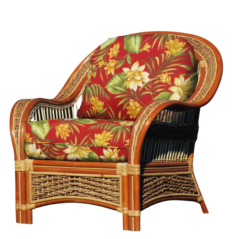 Spice Islands Wicker Spice Island Armchair Natural in a red tropical floral cushion fabric with yellow flowers, front angle view