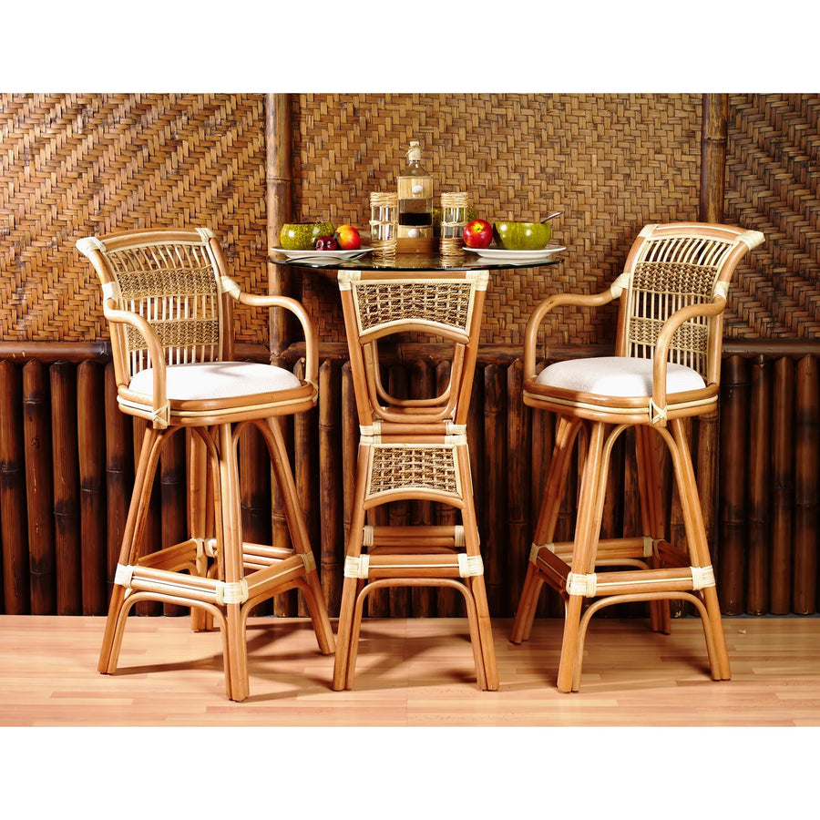 Spice Island bar stools in Natural with white seat cushions at the matching bar table
