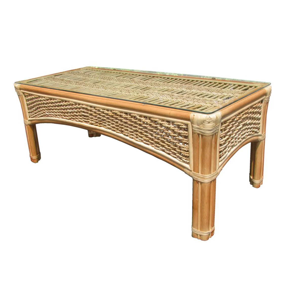 Spice Island coffee table in Natural with a glass top over woven rope bands