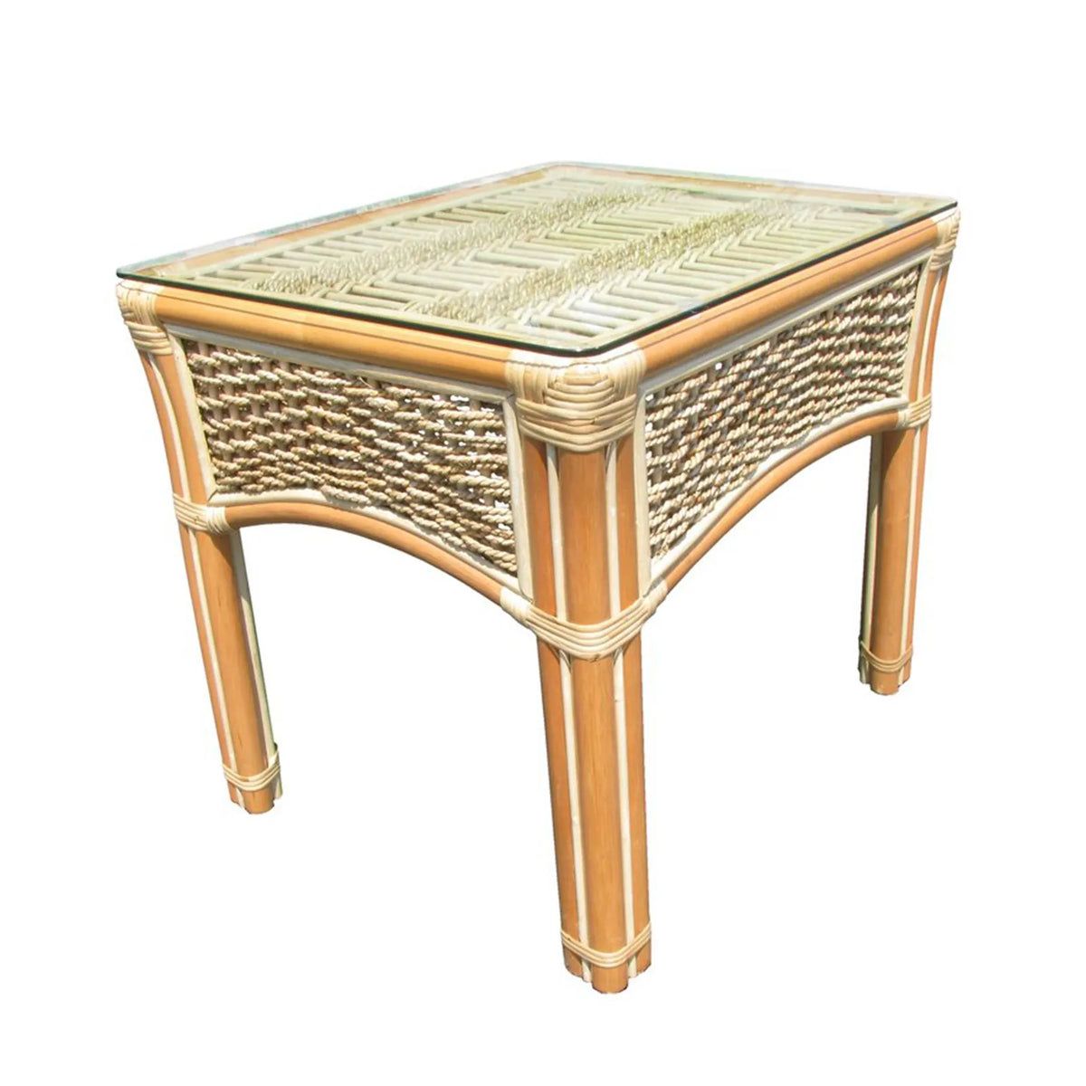 Spice Island end table in Natural with a glass top and woven side panels