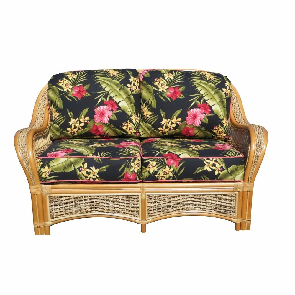 Spice Island loveseat in Natural with Hamakua Ebony print cushions
