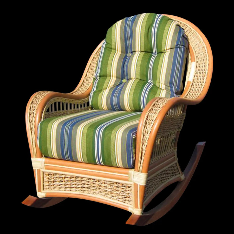 Spice Island rocker in Natural with green and blue striped cushions