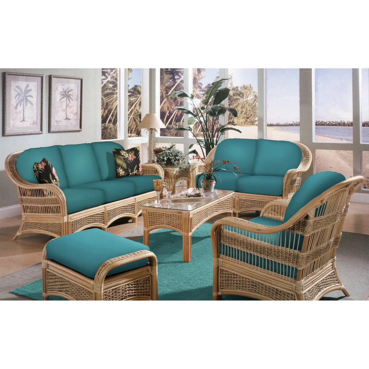 Spice Island wicker sunroom set in Natural with Caribbean Blue cushions: sofa, loveseat, arm chair, ottoman and coffee table