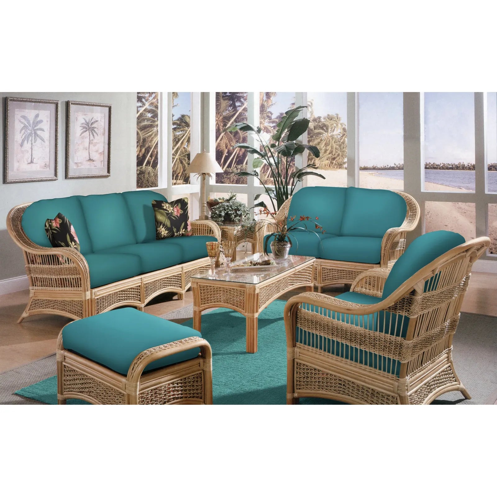 Spice Island wicker sunroom set in Natural with Caribbean Blue cushions: sofa, loveseat, arm chair, ottoman and coffee table