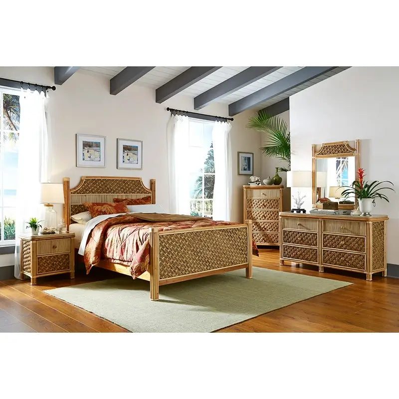 Spice Islands Mandalay 6 Drawer Dresser shown in matching bedroom set with bed and nightstand