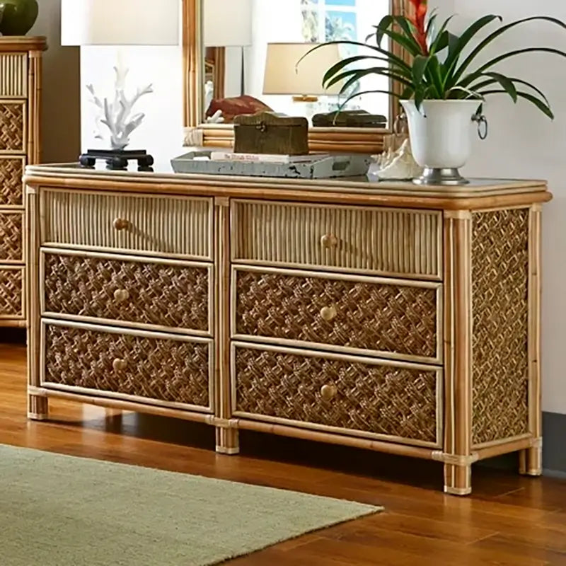 Spice Islands Mandalay 6 Drawer Dresser with mirror, woven rattan design, in coastal bedroom