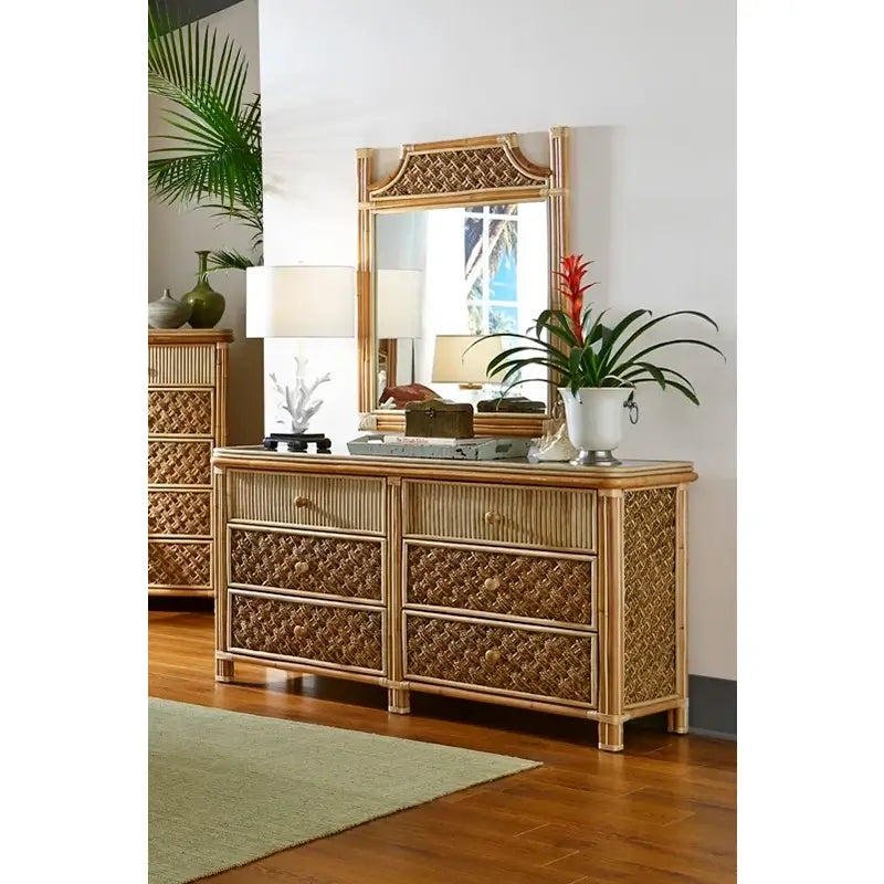 Spice Islands Mandalay 6 Drawer Dresser with mirror, woven rattan design, in coastal bedroom