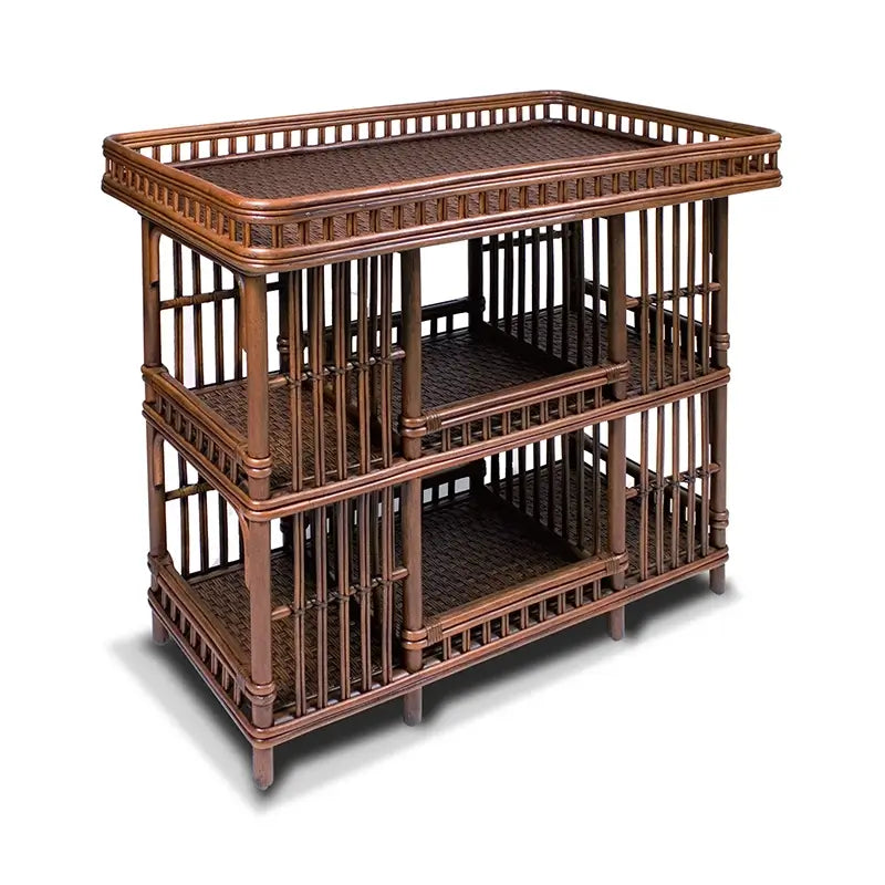 Williamsburg Counter Height Table in coffee finish rattan with two open shelves and leather-bound trim