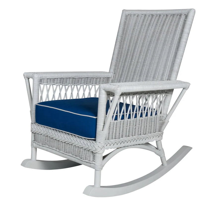 White Windsor Rocker without its back cushion, showing the tall woven back