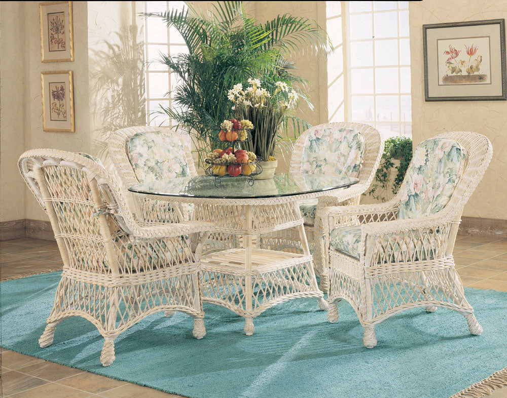 Spice Islands Spice Islands Bar Harbor 5 Piece Dining Set In Whitewash With 48" Glass Dining Set - Rattan Imports