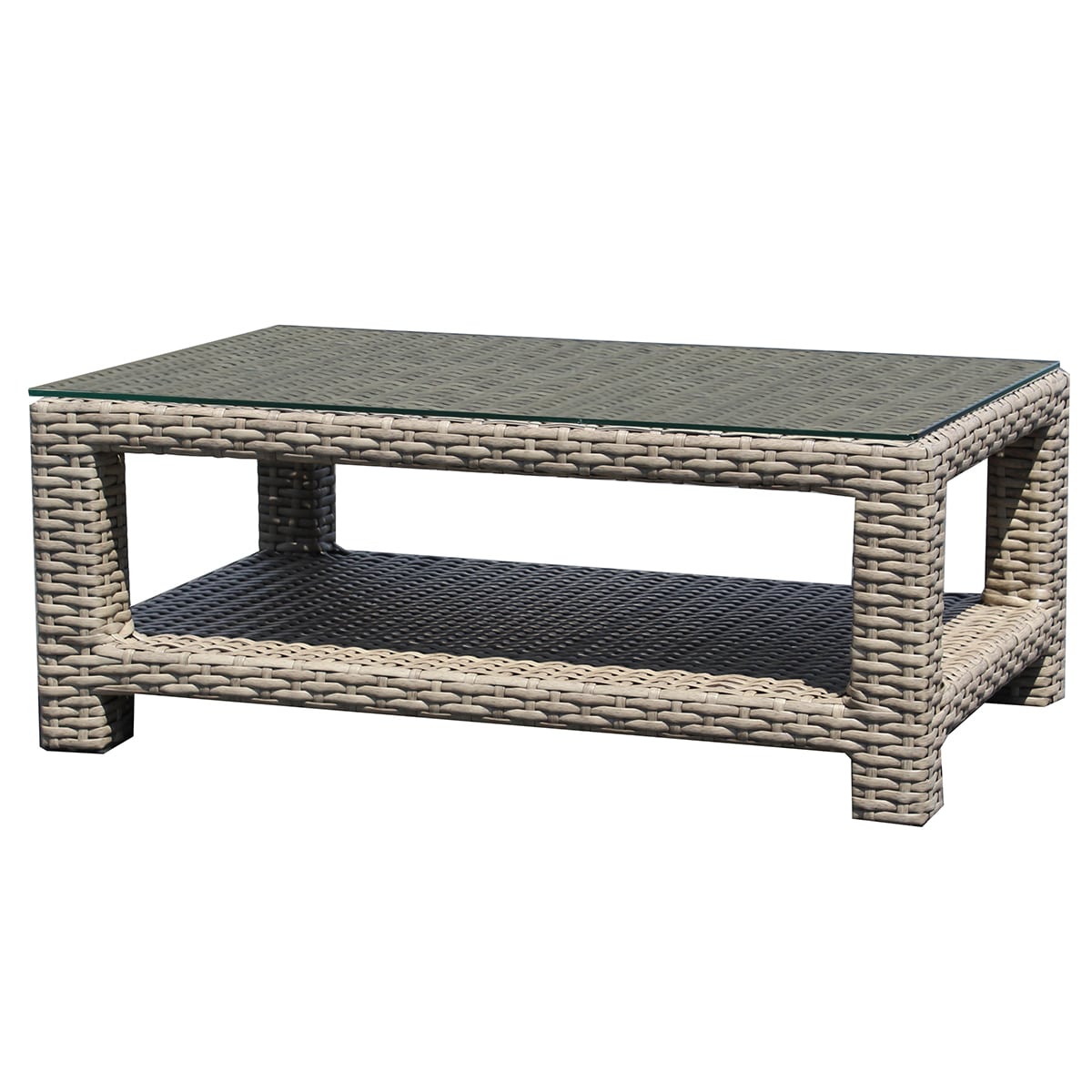Forever Patio Cavalier Wicker Rectangle Coffee Table with Bottom Shelf in Buff