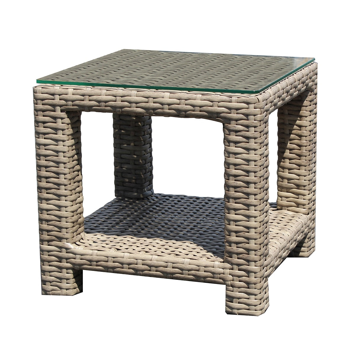 Forever Patio Cavalier Wicker End Table with Bottom Shelf in Buff