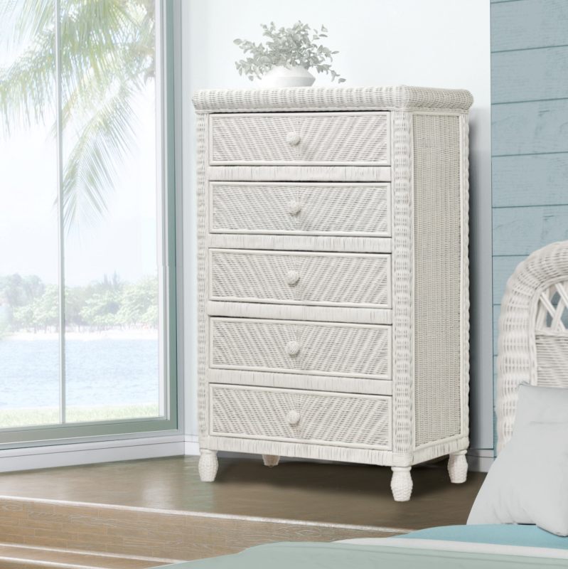 Sea Winds Trading Santa Cruz 5 Drawer Chest w/ Glass Top B57935-WHITE