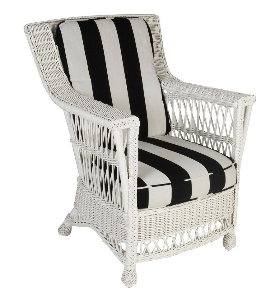 Legacy Wicker Chair in White with black and white striped seat and back cushions
