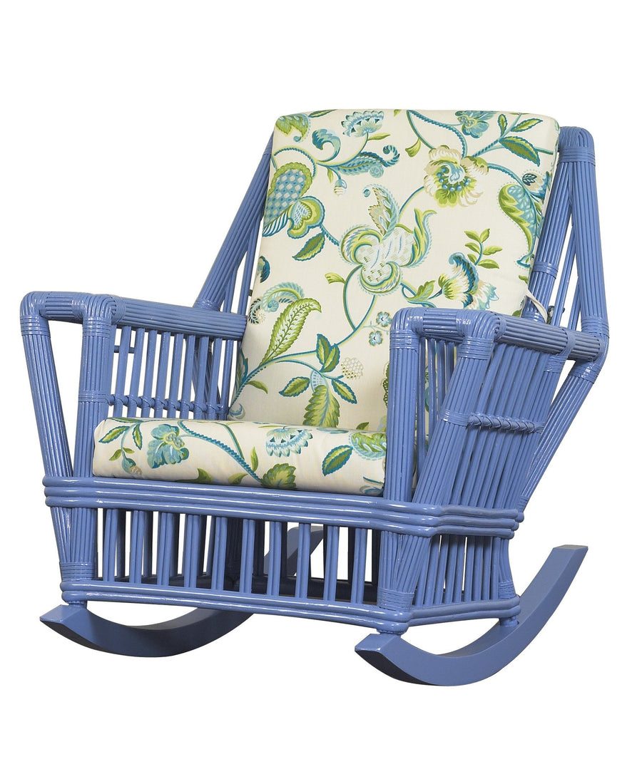 Williamsburg Rocker in a custom blue painted finish with a cream floral cushion