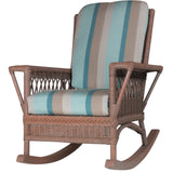 Windsor Rocker in a brown finish with aqua, teal and taupe striped cushions