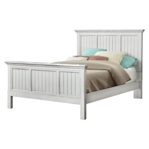 Monaco queen bed in Blanc made up with taupe and aqua bedding