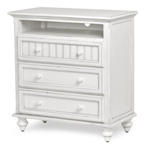 Monaco 3 drawer media chest in Blanc with an open shelf above the drawers