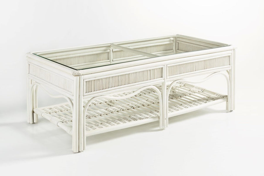 Bermuda Coffee Table in Whitewash rattan with a clear glass top and center rail