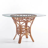 Antigua 48 inch round dining table with a round glass top on a criss-cross Walnut rattan pedestal