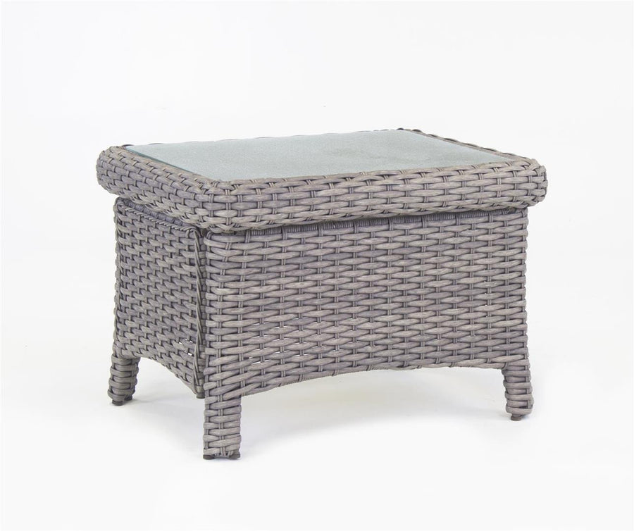 St. Tropez end table in Stone resin wicker with flared legs and a glass top