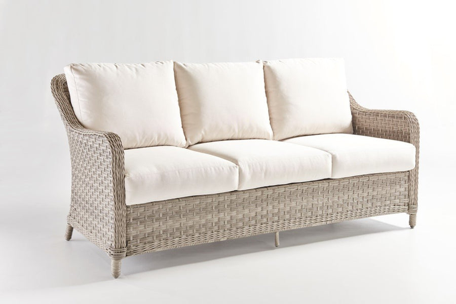 Mayfair wicker patio sofa in gray Pebble resin wicker with cream seat and back cushions