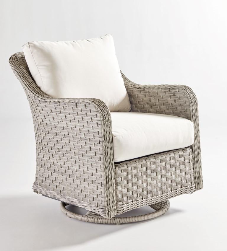 Mayfair outdoor wicker swivel chair in Pebble with cream cushions on a round swivel base